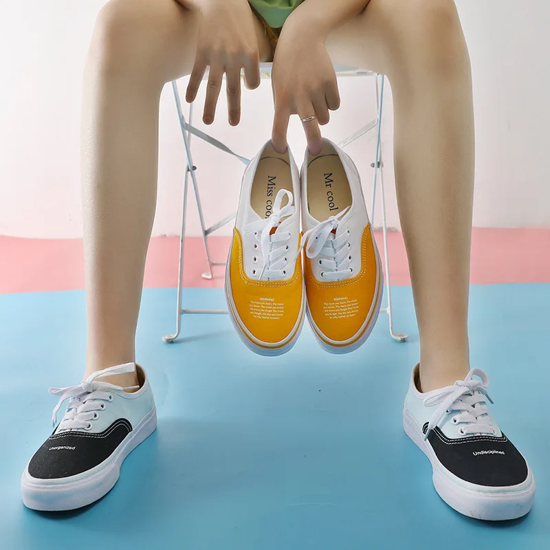 

Women Vulcanize Shoes Women Sneakers Black White Yellow Canvas Casual Shoes Female Lace-Up Canvas Platform Shoes Plus Size 35-44