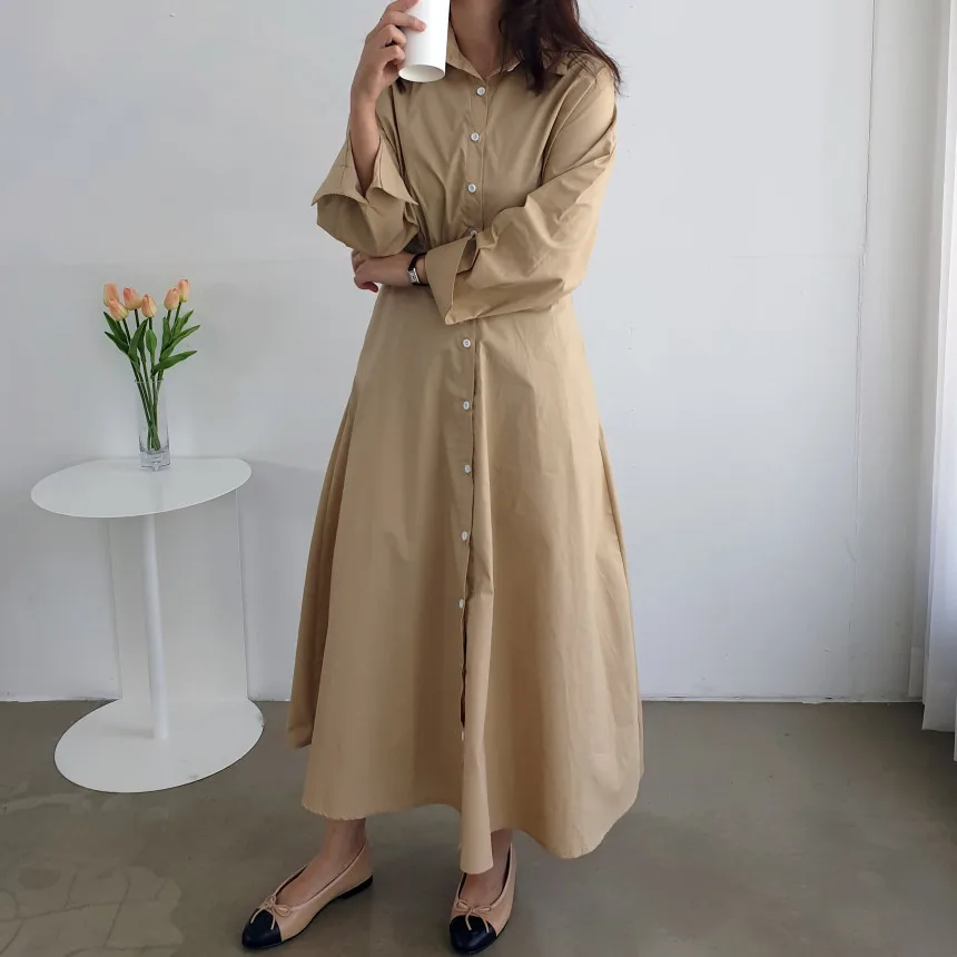 

Корейское шикарное минималистичное однобортное платье-рубашка с лацканами для женщин, облегающее длинное платье выше колена