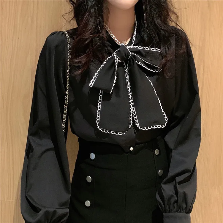 

Women Long Sleeve Shirts White Blouses Vintage Korean 2021 Spring Sweet Bow Loose Ladies Blouse Office Lady Sweet