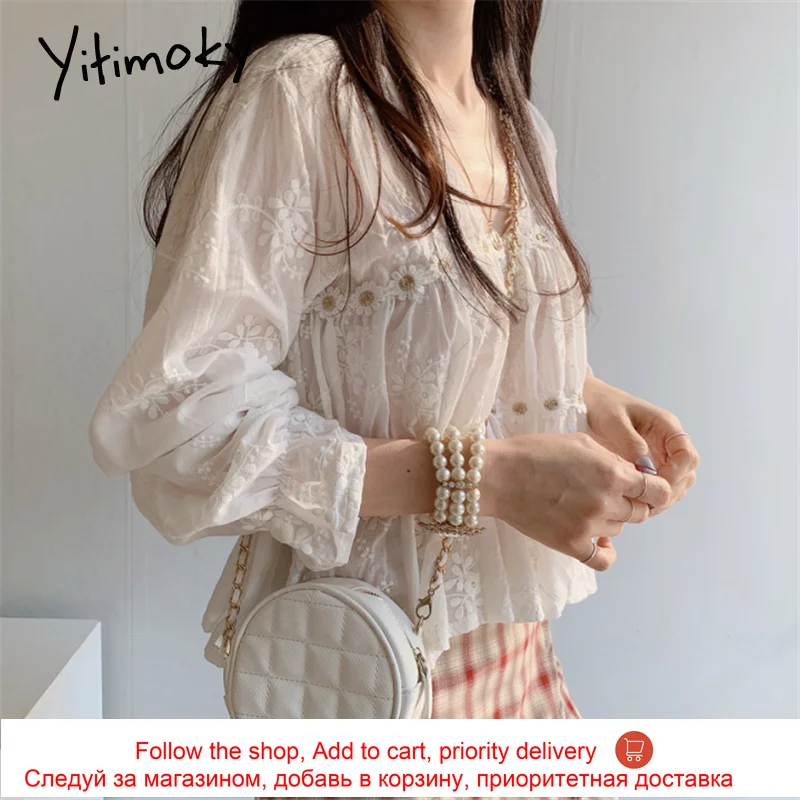 

Yitimoky 2 Piece Set Lace Embroidery Women Shirts Blouse Long Flare Sleeve V-Neck Mini Plaid Skirts Summer 2021 Fashion