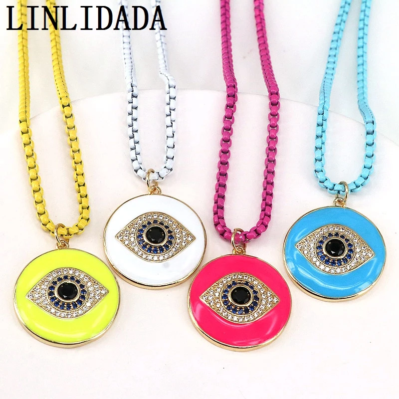 

5Pcs Micro Pave CZ Eye Pendant, Round Pendant Paved CZ and Neon Necklace, Box Chain