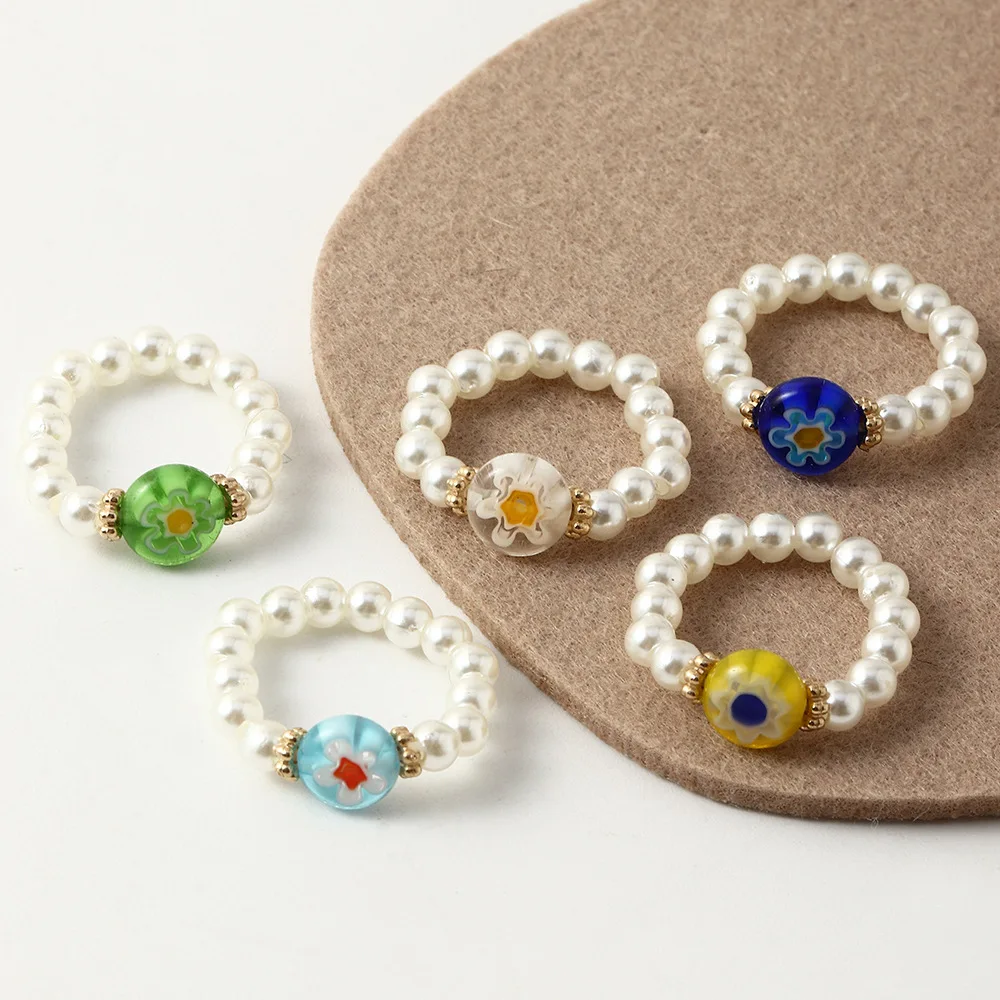 

Ghidbk 5pcs Coloured Glaze Flower Imitation Pearls Rings For Women Summer Beach Bohemia Beads Colorful Ring Personalied Jewelry