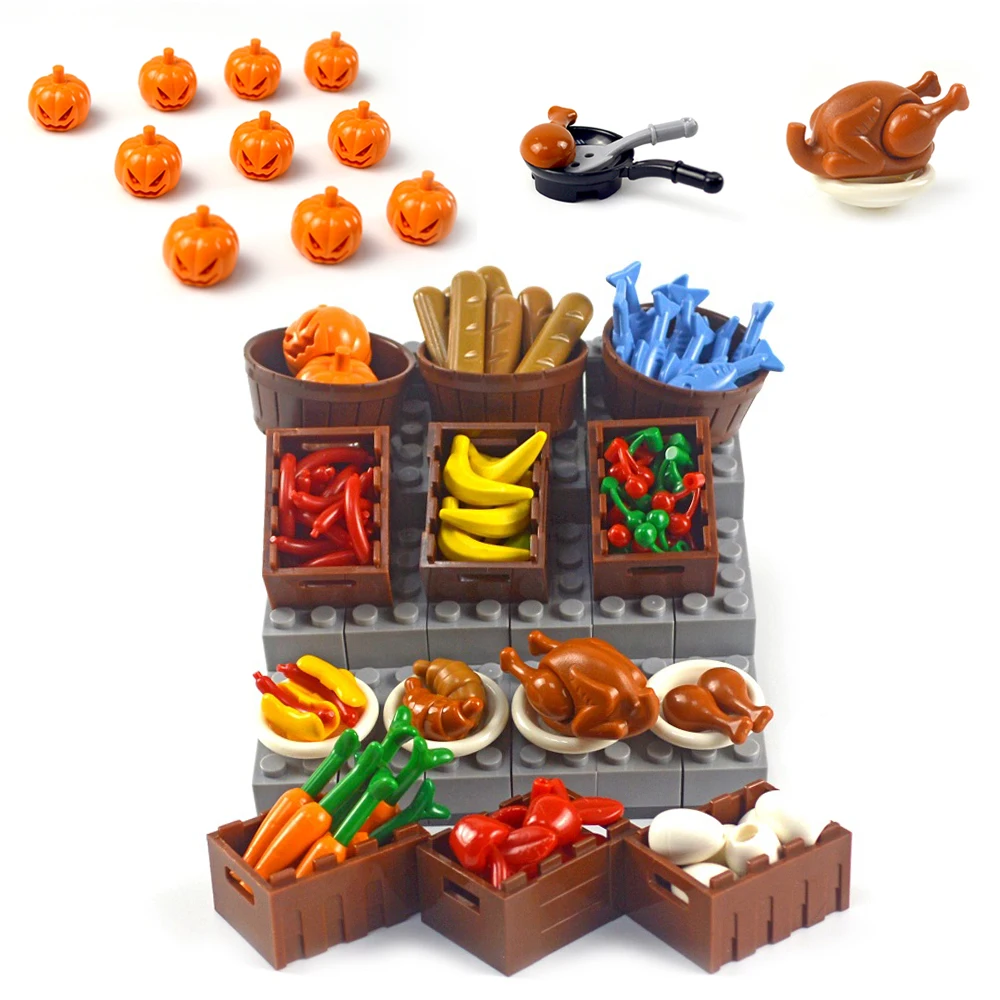 

DIY Building Blocks Food Chicken Pumpkin Fish Fruit eggs Hot Dog Pot Toy MOC Parts City Accessories Bricks Compatible All Brands