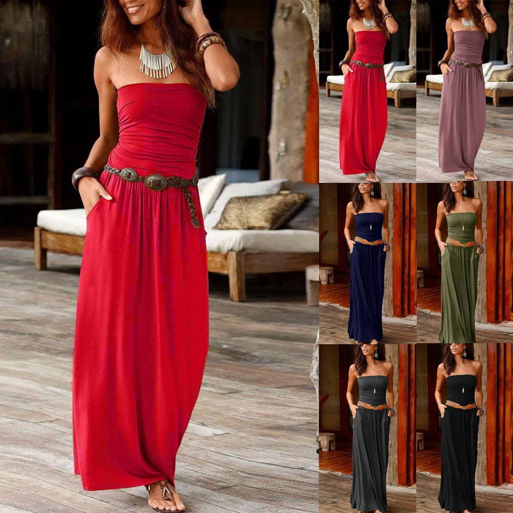 

2021 Women Summer Long Dresses Sexy Bandeau Holiday Off Shoulder Party Dresses Ladies Summer Solid Maxi Travel Dress