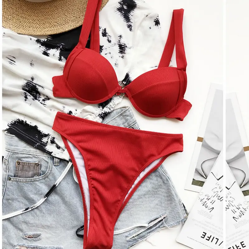 2021 Sexy Suspenders Multicolor Split High Waist Solid Color Bikini Swimsuit Women Summer Beach Swimwear Ladies Fashion Triangle