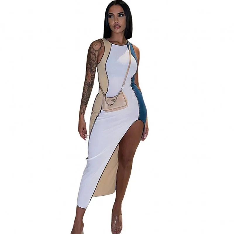 

Irregular Maxi Dress Women Sleeveless O Neck High Split Robes Fashion Patchwork Summer New Elegant Sexy Clubwear Outfits Dresses