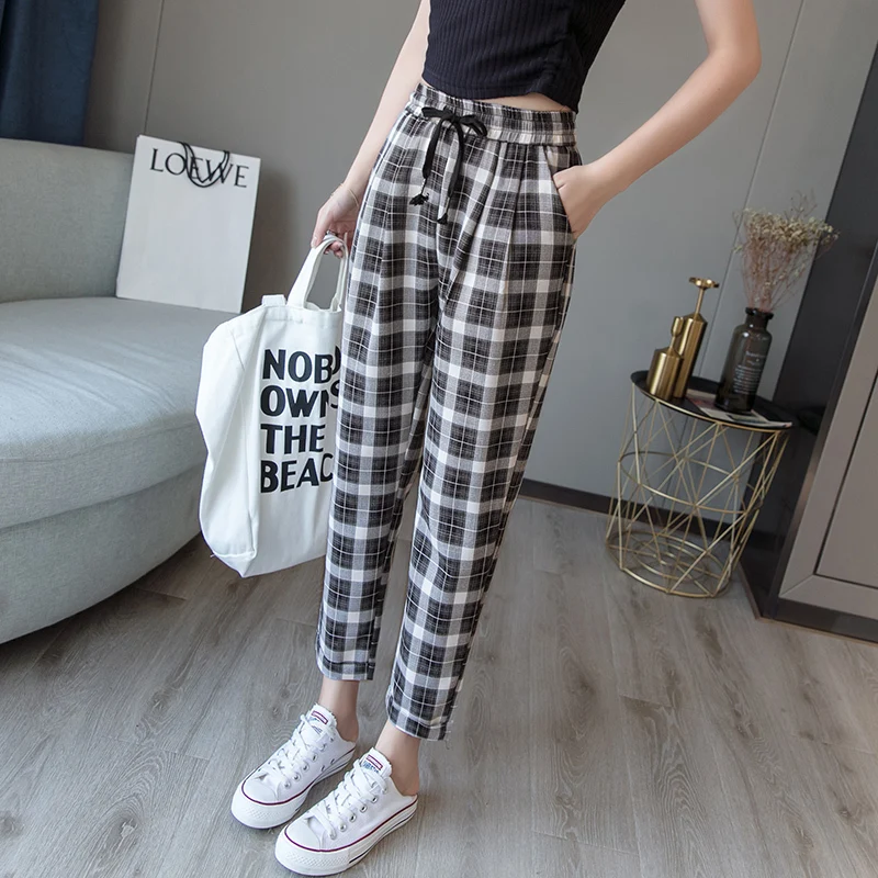 

Весна-лето 2020, женские шаровары, винтажные повседневные свободные хлопковые и льняные штаны, модные женские прямые штаны, клетчатые брюки