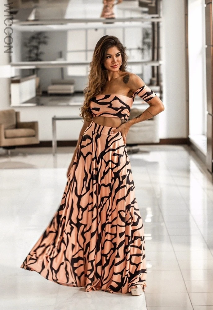 

2021 Spring Summer Women Sweet 2pcs Suits Off Shuolder Short Sleeve Crop Top and High Waist Print Long Skirts Set