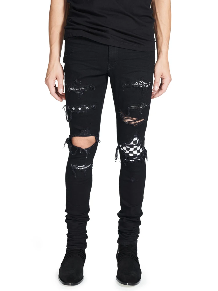 

Men's High Street Fashion Jeans Black Color Destroyed Hip Hop Jeans Men Broken Punk Pants Patch Skinny Ripped Jeans For Men