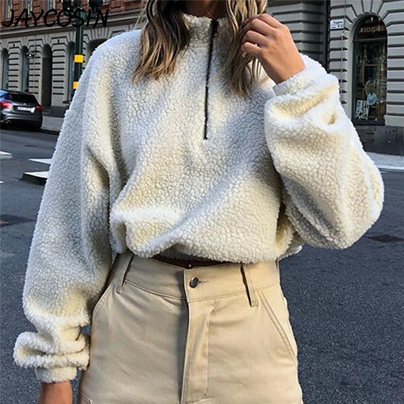 JAYCOSIN Женская толстовка плюшевая однотонная на молнии с воротником-стойкой и