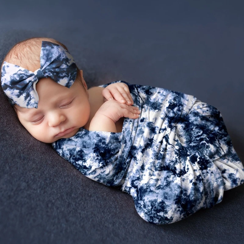 

2 Pcs Newborn Baby Receiving Blanket Headband Set Infant Gradient Color Swaddle Wrap Sleeping Bag Hair Band Kits