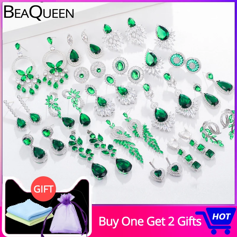 BeaQueen Классическая большая капля воды Зеленый Кристалл Длинные Серьги-Подвески Овальный Круглый сердце, кубический циркон женские свадебные украшения E292