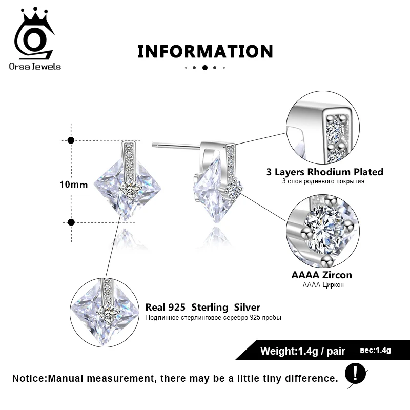 ORSA JEWELS Настоящее 925 пробы серебро слайд серьги-гвоздики в форме Для женщин блестящие AAAA фианит квадратной огранкой, черно-белая женская Праздничная обувь ювелирные изделия SE192