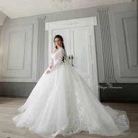 wedding dress long sleeve muslim scoop luxury ball gown lace appliques robe de mariee gorgeous sweep train floor custom made