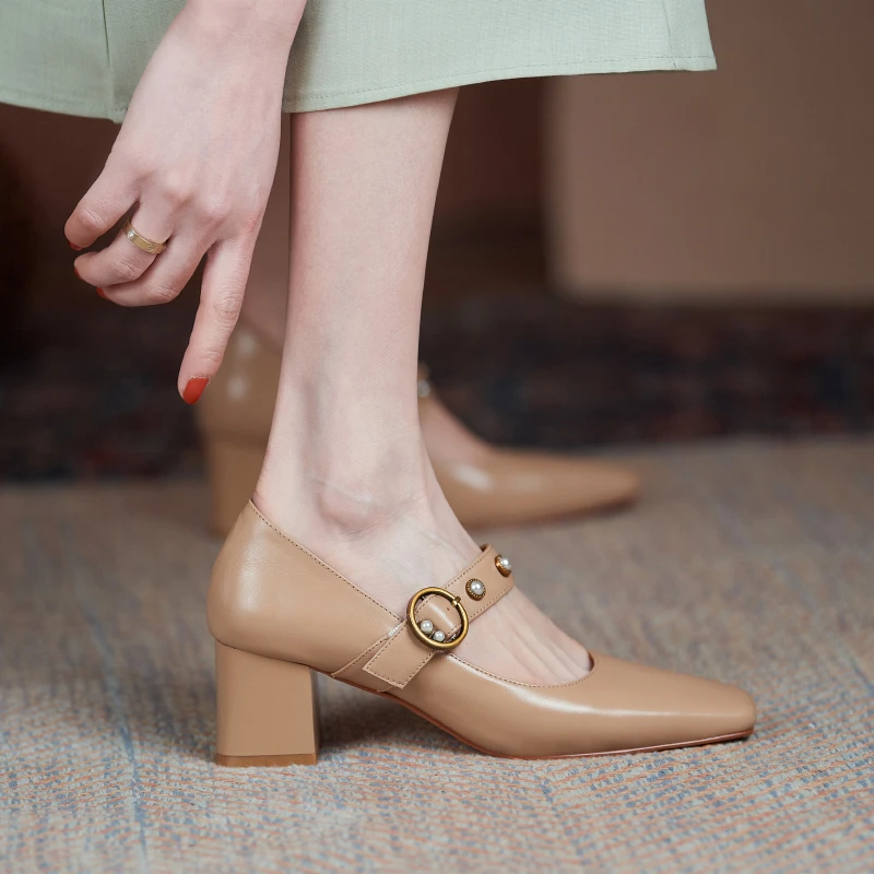 

CONASCO Spring Summer Mary Janes Pearl Women Pumps Office Lady Party Casual Thick Heels Genuine Leather Shoes Woman High Quality