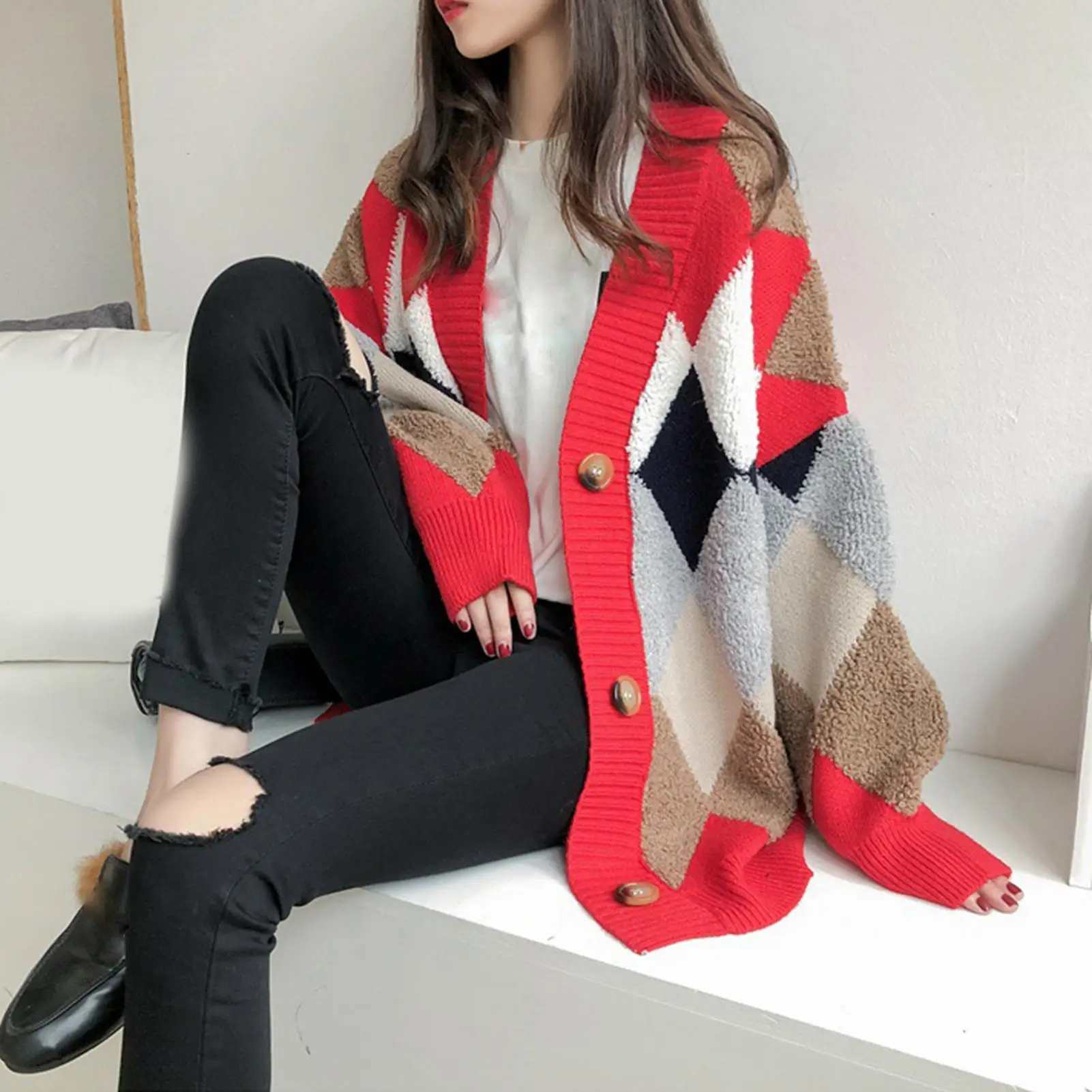 Женский трикотажный кардиган на пуговицах однобортный Повседневный свободный