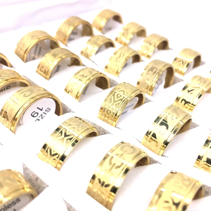 

MixMax 36pcs Golden Men Women Rings Stainless Steel Etched Pattern 8MM Bands Fashion Jewelry Wholesale Lot
