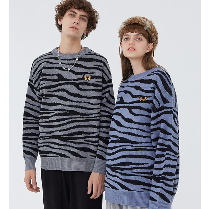 

Embroidery Butterfly Zebra Stripe Pattern Jumper Sweaters Unisex Streetwear Hip Hop Harajuku Casual Pullover Knitwear Mens Tops