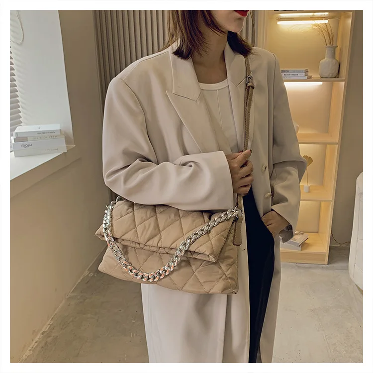 2021 ladies shoulder bag cotton padded handbag tote bag winter ladies casual diamond chain nylon crossbody bag quilted