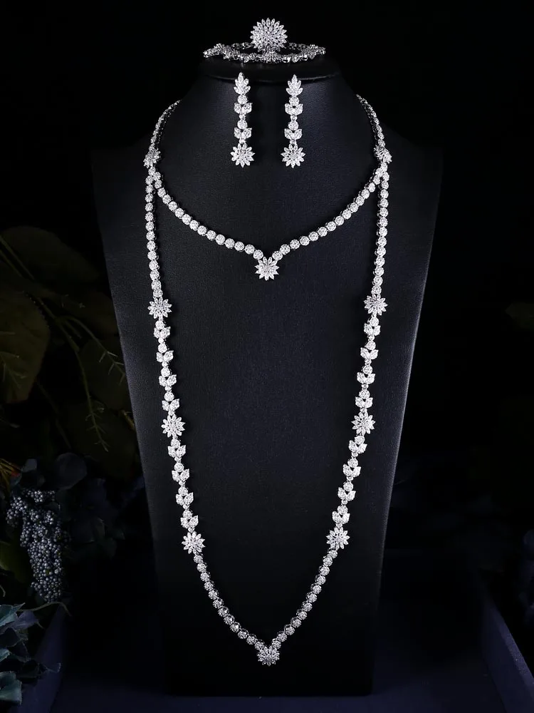 janeklly trendy Wedding Necklace Earrings For Women Accessories Flower Cubic Zirconia Bridal Jewelry Sets