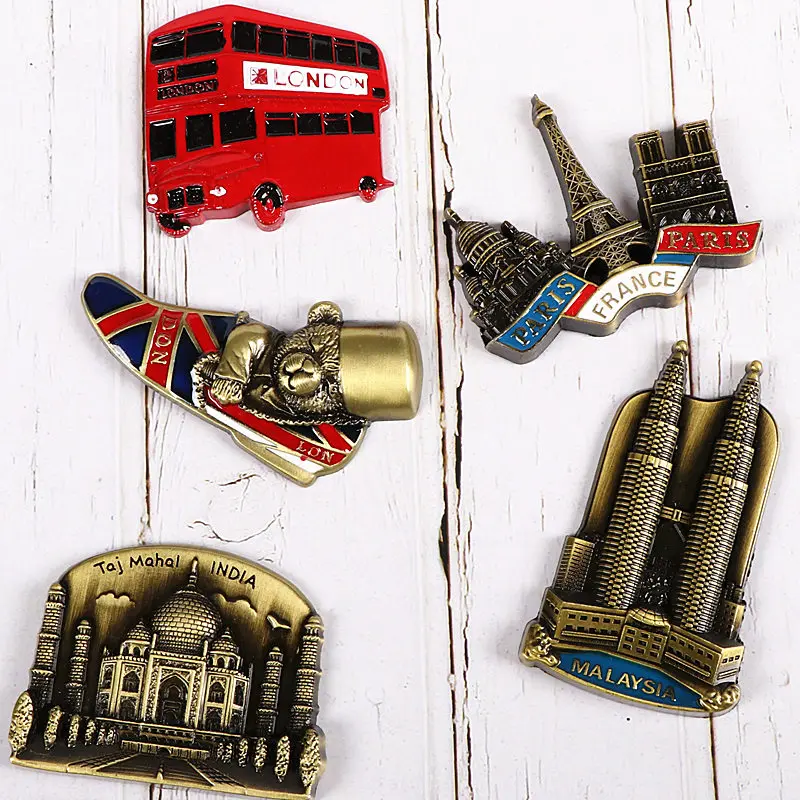 

Souvenir Country Fridge Magnets London French Tower British Bear Malaysia Indian Decoration Refrigerator Metal Magnet Pays
