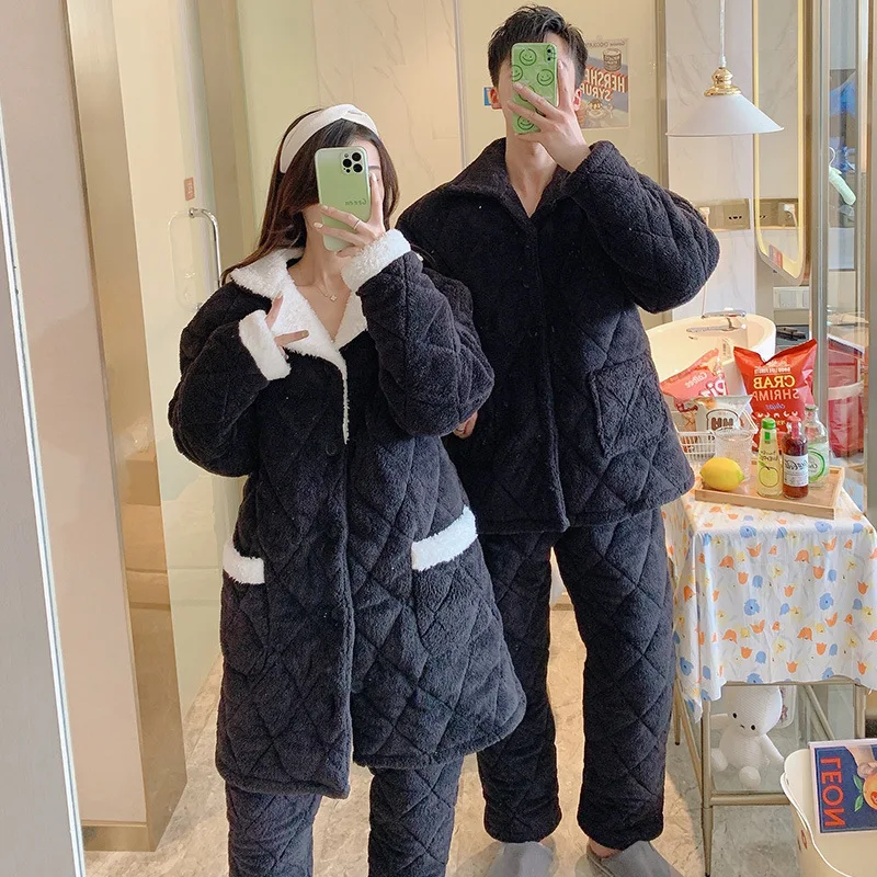 

Парный осенне-зимний фланелевый теплый Пижамный комплект для женщин толстый трехслойный хлопковый костюм для отдыха коралловый бархатный Свободный Повседневный домашний костюм