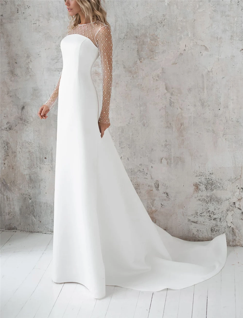 

White Mermaid Wedding Dresses Sleeves 2020 Vestidos de novia Vintage Lace Scoop Long Sleeves Pearls Bridal Dresses Wedding Gowns