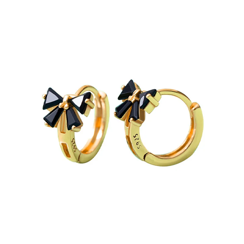 

PONYKISS Trendy S925 Sterling Silver Bowknot Black Zircon Hoop Earrings For Women Party Delicate Fine Jewelry wholesale Gift