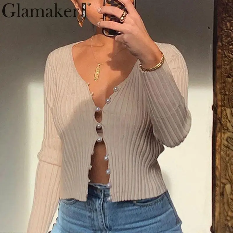 Glamaker, вязанная короткая блузка с v-образным вырезом, женская элегантная облегающая блуза на пуговицах с длинным рукавом, женские вечерние блузки на осень и зиму