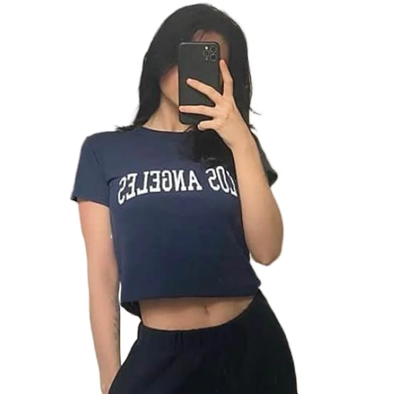 

CA Summer Chic Letter Print Retro Slim Tees Women Casual Short Sleeve Cotton Woman Tshirts Vintage Streetwear Y2k T Shirt Tops