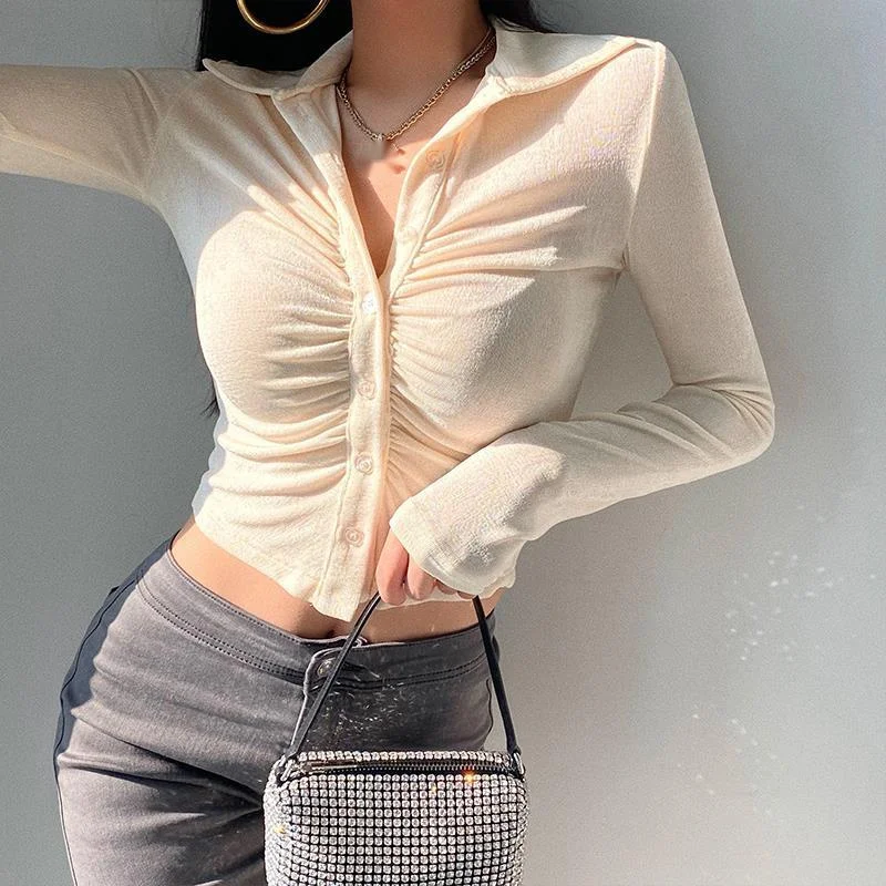 

lady Girl Hot Girl Lapel Slim Pleated Single Breasted Long Sleeve Short Shirt Top Women Blouse Korean Skinny Sexy Tops 1QWA