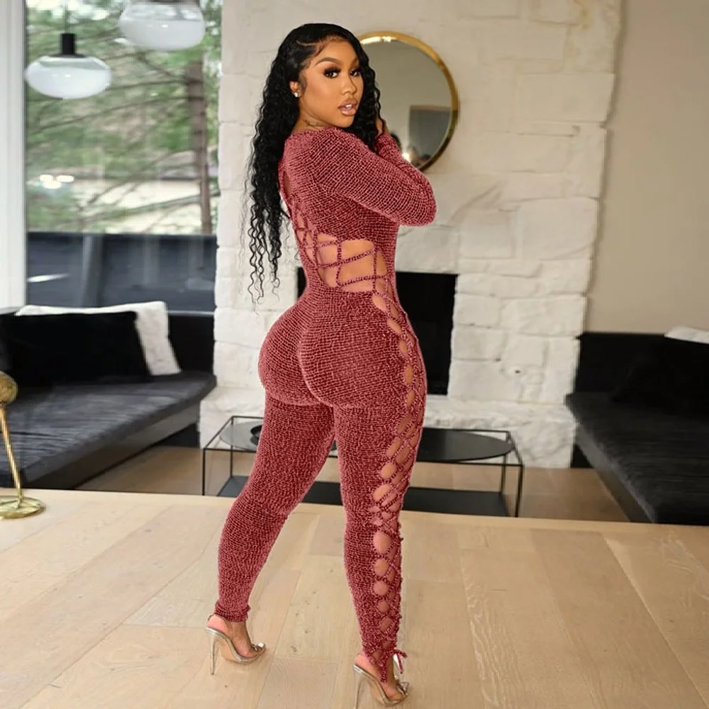 

Cross Lace Up Hollow Out Skinny Jumpsuit for Women Low Neck Full Sleeve Bodycon Overall Early Autumn Fitness Party Bodysuits