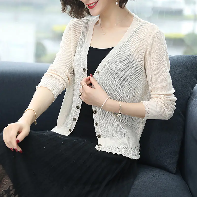 Женский тонкий вязаный кардиган открытая кофта с длинным рукавом и V образным