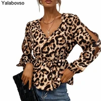 2021 autumn new womens blouse slim cut out long sleeve leopard v neck bottomed shirts for female ladies pullovers