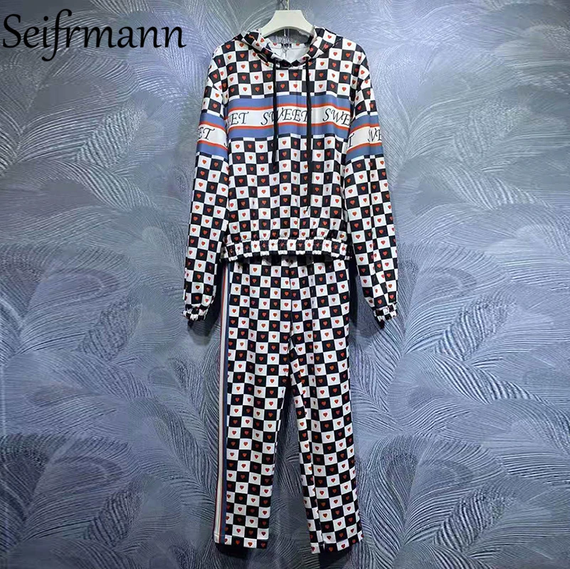 

Seifrmann, новинка 2021, осенние женские модные дизайнерские брюки, костюмы, пуловер с рукавами-фонариками и капюшоном + длинные брюки с высокой та...