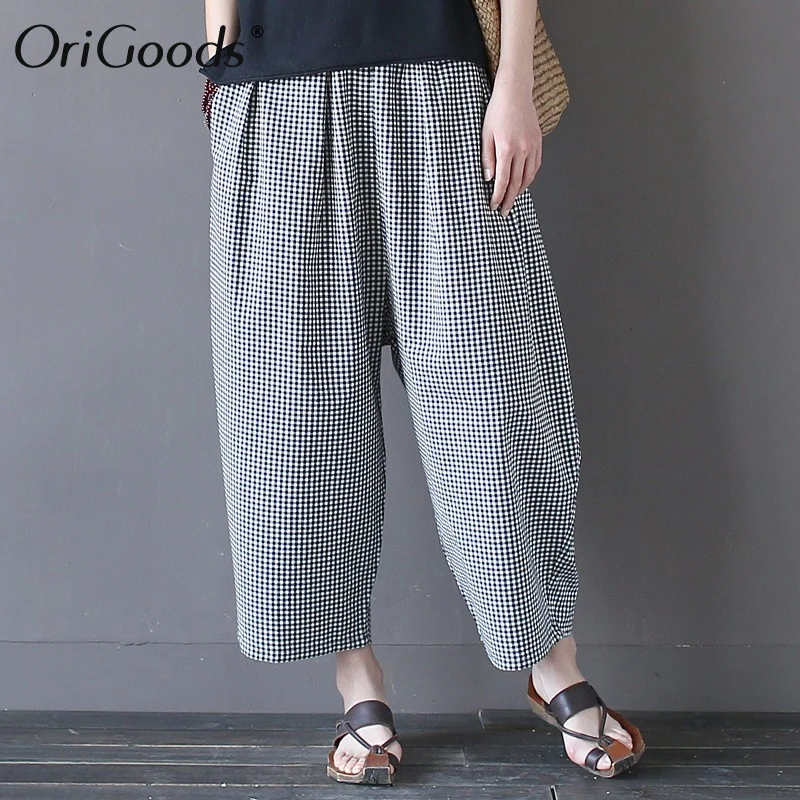 Женские шаровары в черно белую клетку OriGoods Свободные повседневные брюки с