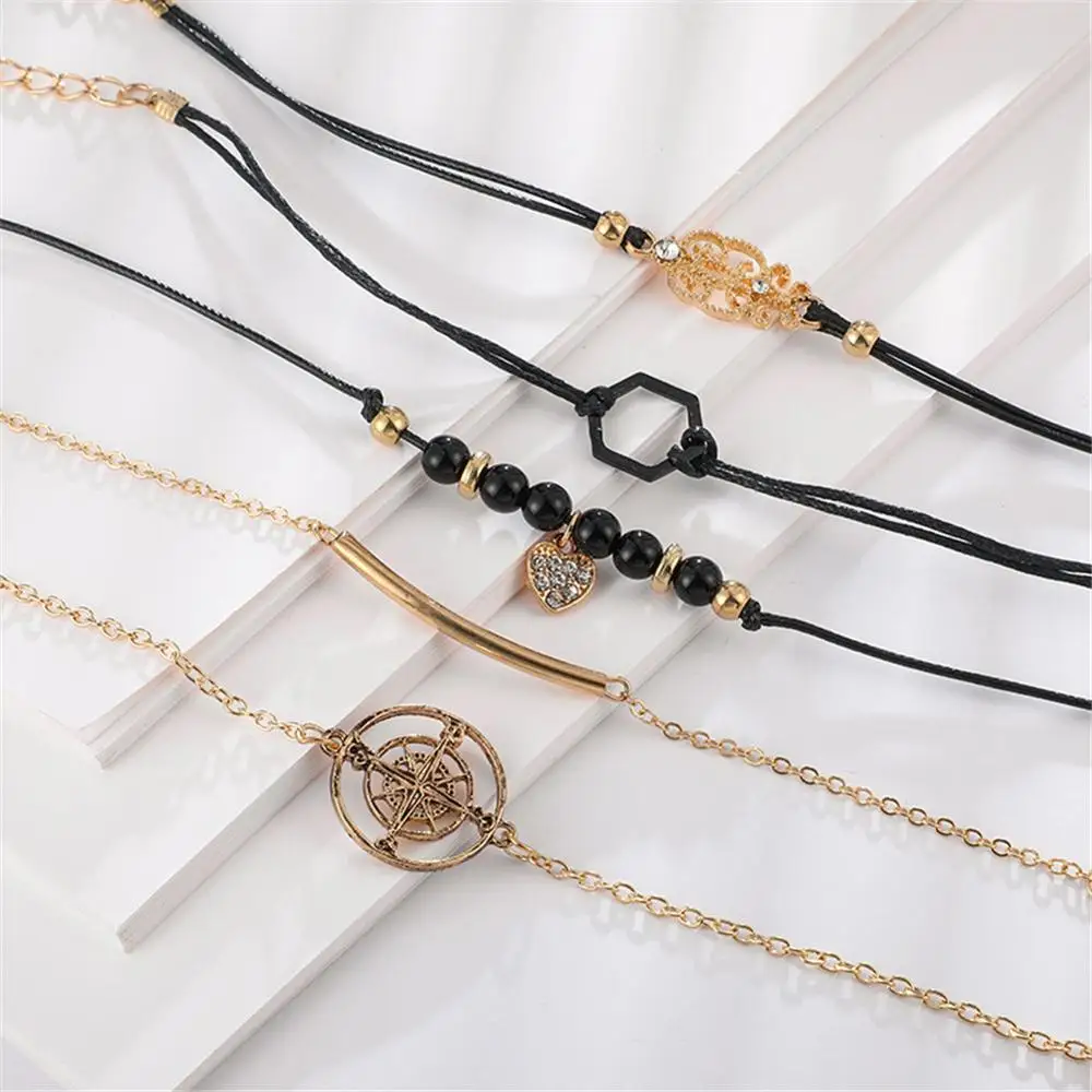 Браслет-цепочка Женский с черными бусинами 4 шт. | Украшения и аксессуары