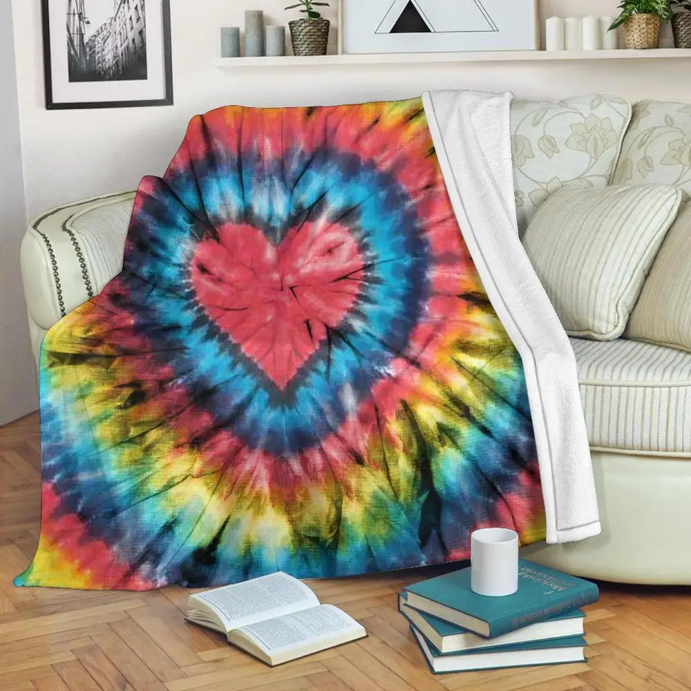 

HUGSIDEA Heart Colors Pattern Fleece Throw Blankets Tie Dye Home Bedding Lining Fleece Sheet Soft Thin Nap Knee Sherpa Blanket