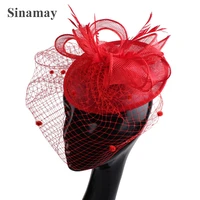 women mesh sinamay fascinators feather accessories women bridal wedding veils headwear ladies party net fedora cap headbands