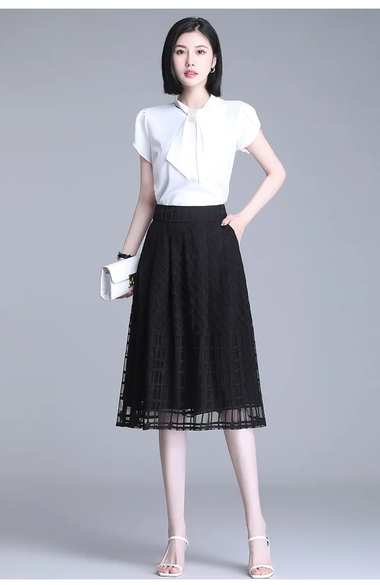 

Summer High Waisted Plus Size 3XL A-line White Skirt for Women Elegant Fashion High Quality Formal Knee-length Black Skirts 9621