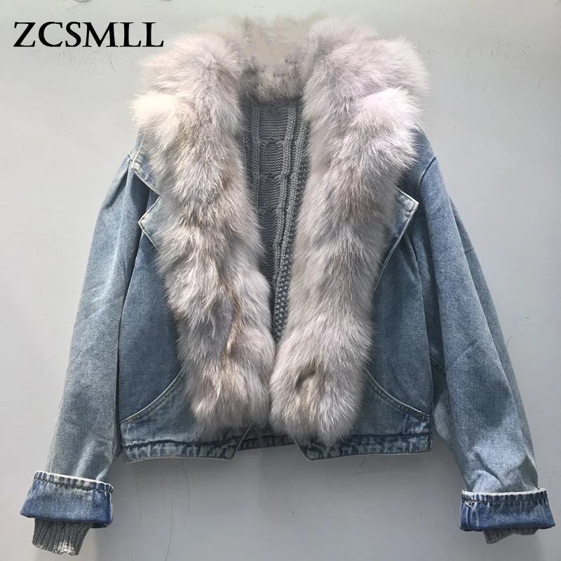 

ZCSMLL 2021 Autumn And Winter New Fashion Casual Short Fur Collar Stitched Sweater Two Piece Women's Denim Coat TH286