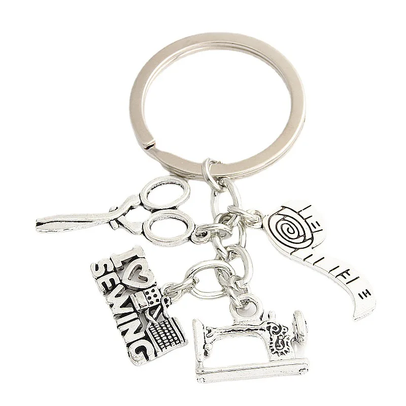 

New Sewing Machine Keychain Tailor Key Ring Iron Tape Measure Scissors Dress Key Chain Car Women's Gift DIY Jewelry Handmad 4545