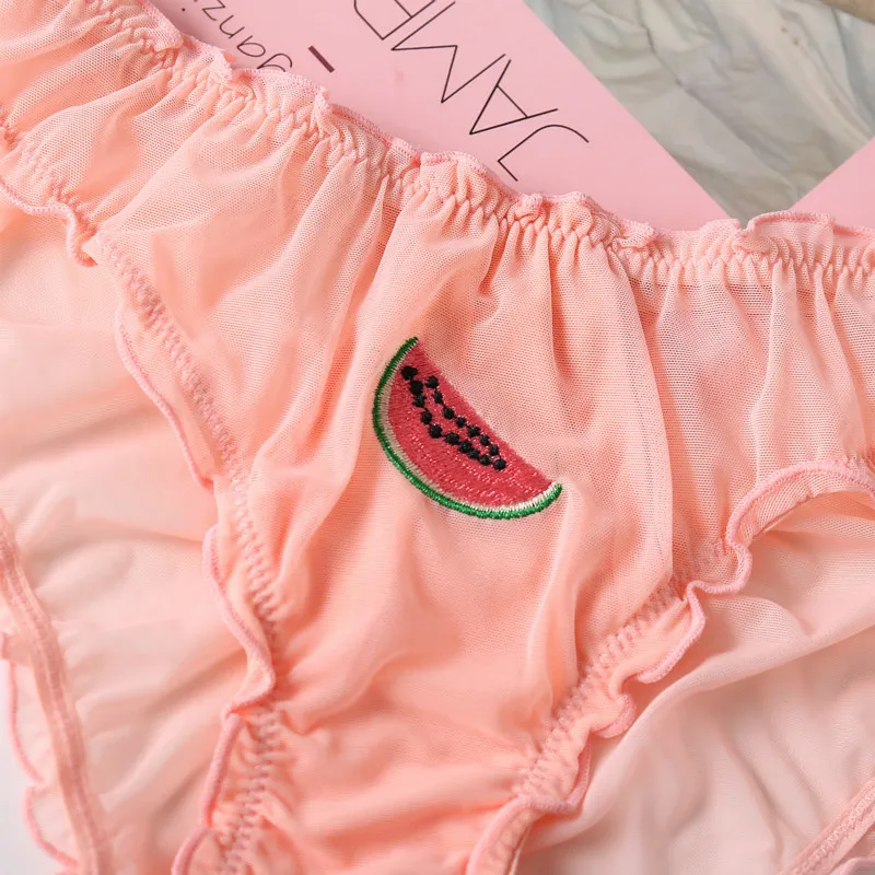 

Sweet Women Sexy Lace Lingerie Temptation Low-waist Panties Fruit Ins Embroidery Transparent Briefs Seamless Sweet Underwear