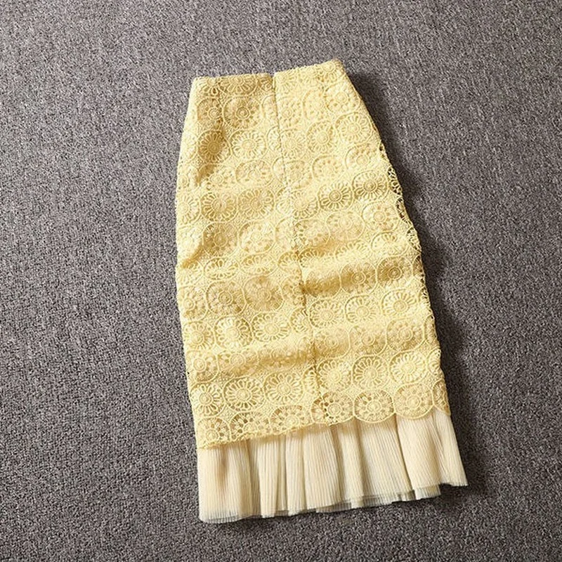 Женская кружевная юбка в стиле пэчворк желтая ажурная элегантная офисная с