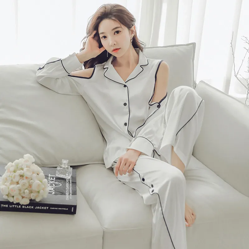 

Off Shoulder Sexy Faux Silk Pyjamas Suit V-Neck Cardigan Solid Sleepwear Full Sleeve&Pants Nightwear 2PCS Spring Summer Homewear
