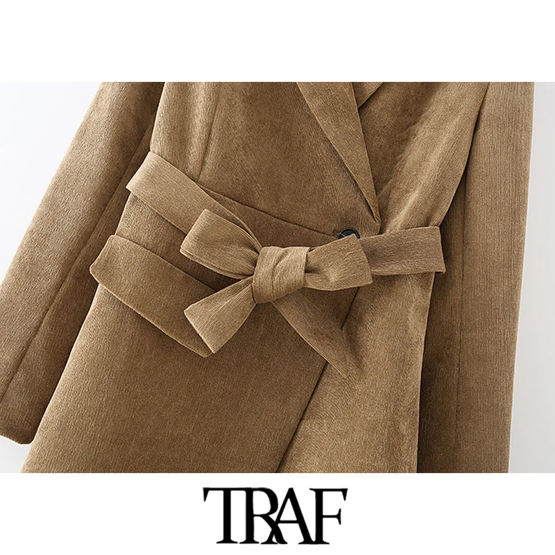

TRAF Women Fashion With Belt Asymmetry Corduroy Blazer Coat Vintage Long Sleeve Pockets Female Outerwear Chic Veste