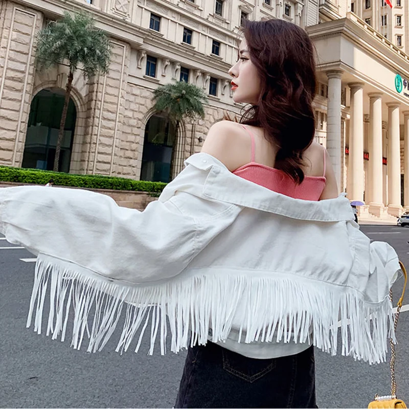 Женские джинсовые короткие куртки с кисточками осенние модные топы Женская