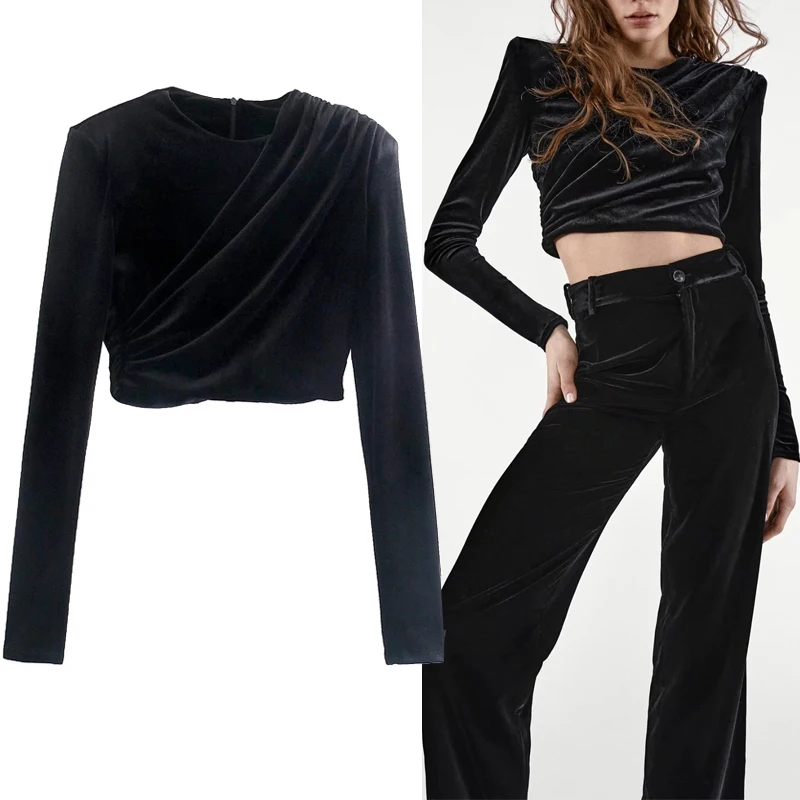 

TRAF Za Top Black Crop Top Women Ruched Blouse Fashion Long Sleeve Velvet Blouses Woman 2021 Autumn Vintage Cropped Shirt