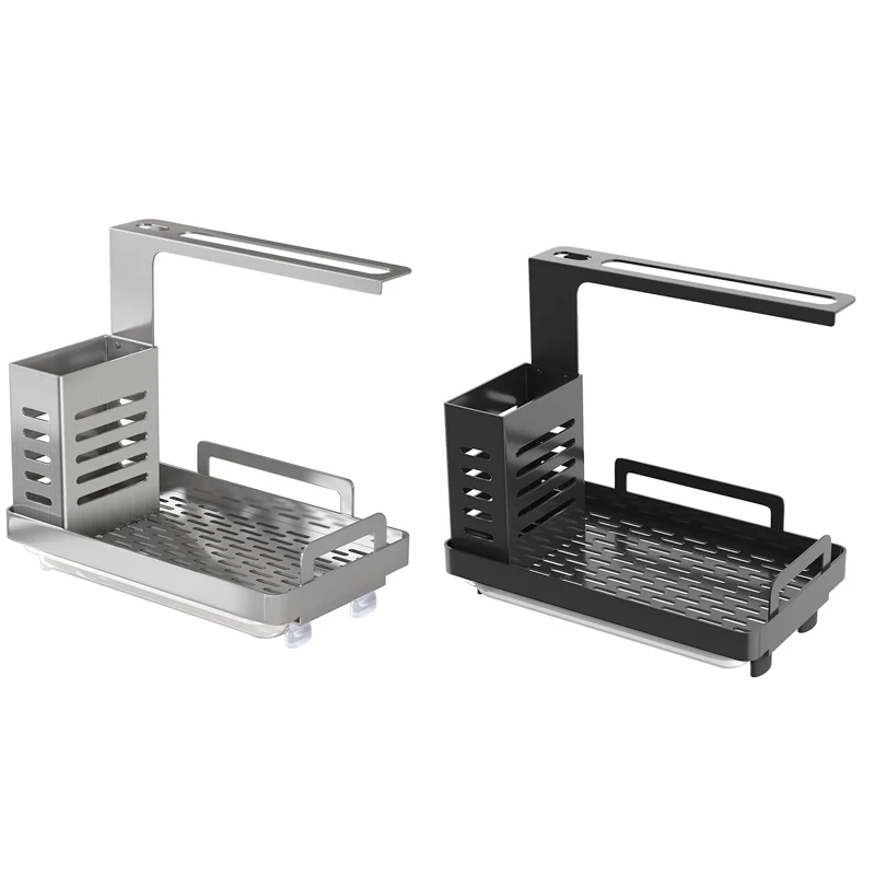 

New Kitchen Sink Caddy Organizer Sponge Soap Scrubbers Holder with Rain Pan Tray Adhesive and Use Dish Brush Holder