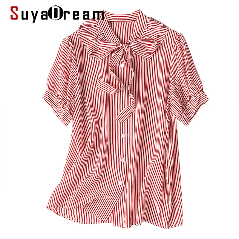 SuyaDream-camisas a rayas de seda para mujer, blusa azul de manga corta con cuello de lazo, camisa elegante 100% para verano y otoño, 2021